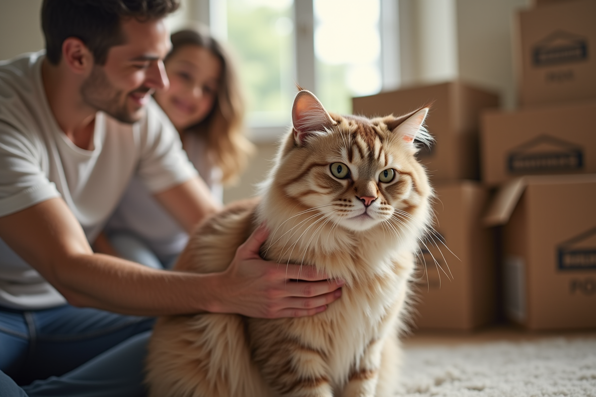 Famille caressant un chat serein dans un salon lumineux