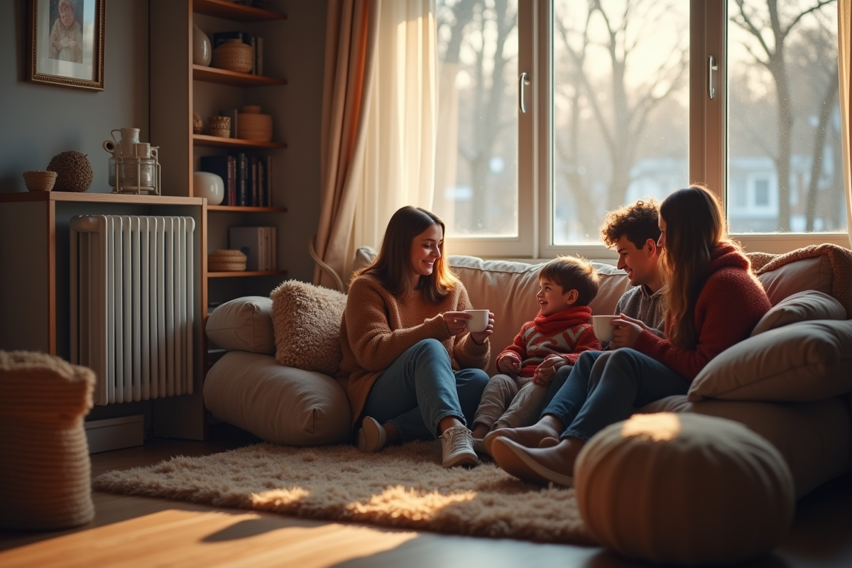 Famille réunie dans un salon moderne en hiver