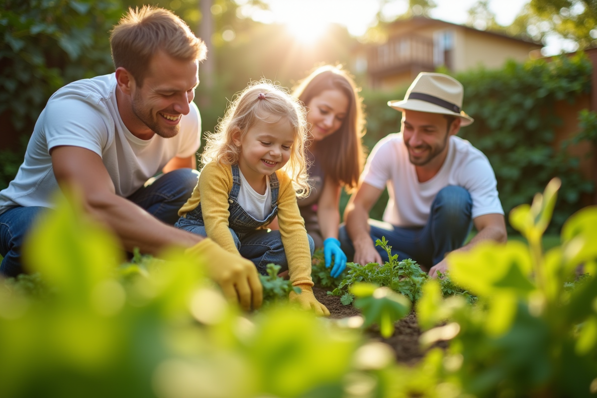 Famille heureuse jardinant avec gants de protection et outils naturels