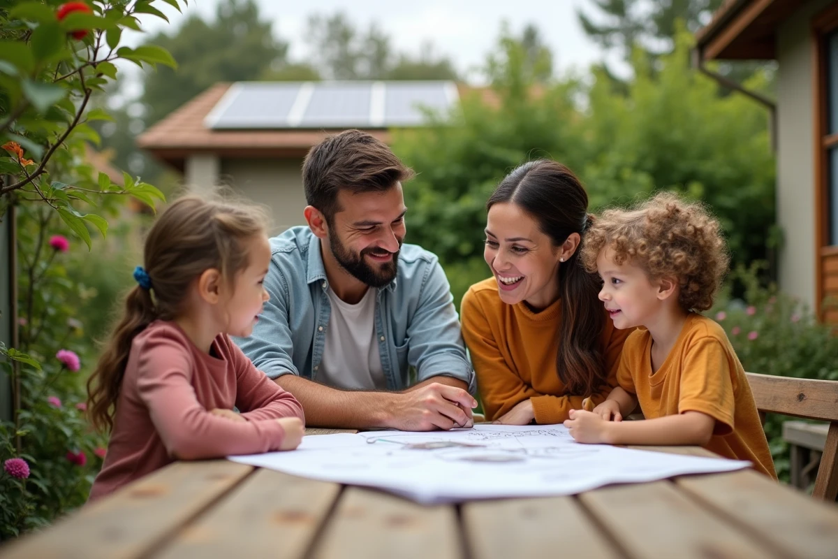 Famille discutant de plans de rénovation écologique dans le jardin