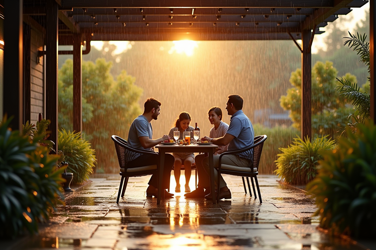 Famille profitant d un repas sous pergola sous la pluie