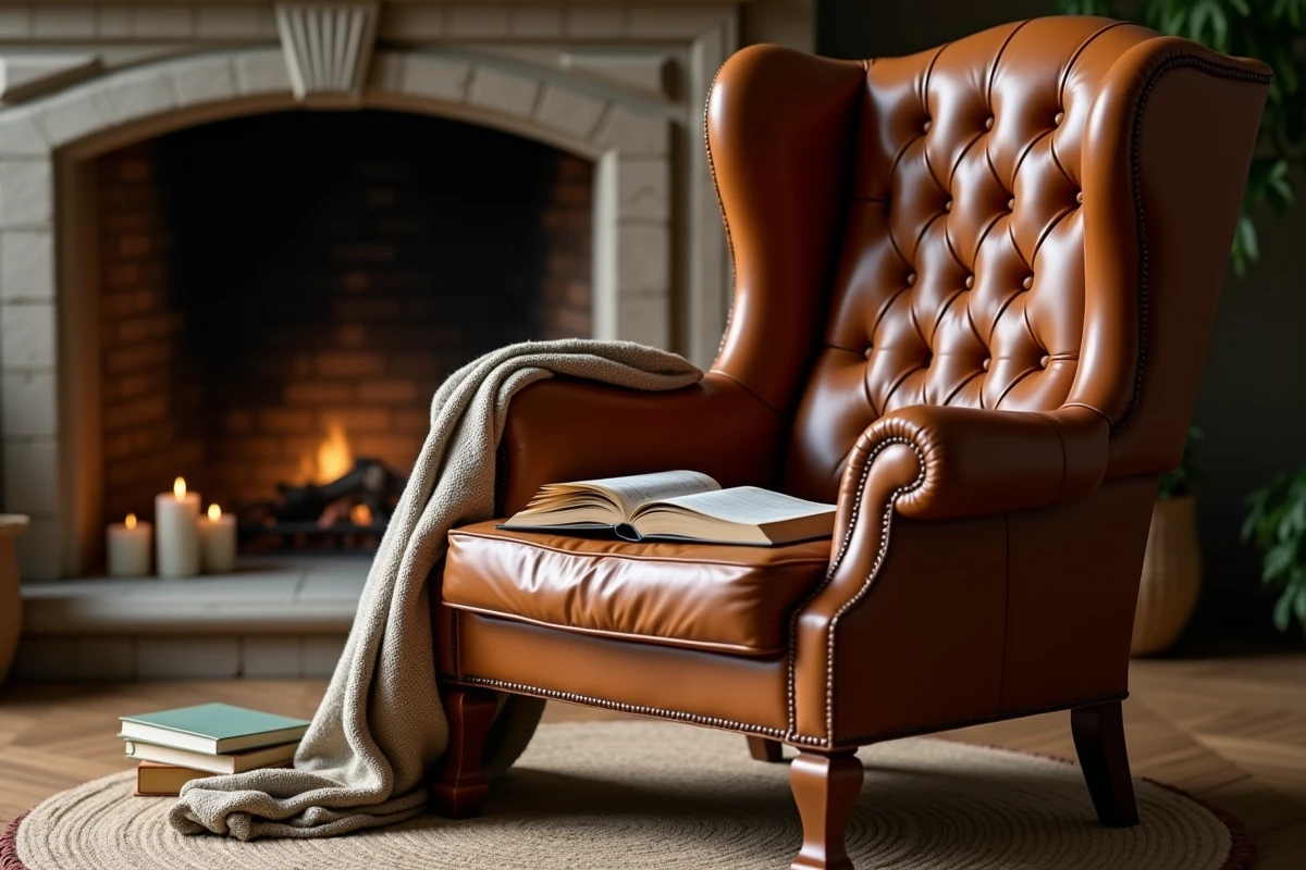 Fauteuil de lecture en cuir cognac avec plaid et livres dans un coin lecture cosy devant une cheminée en pierre