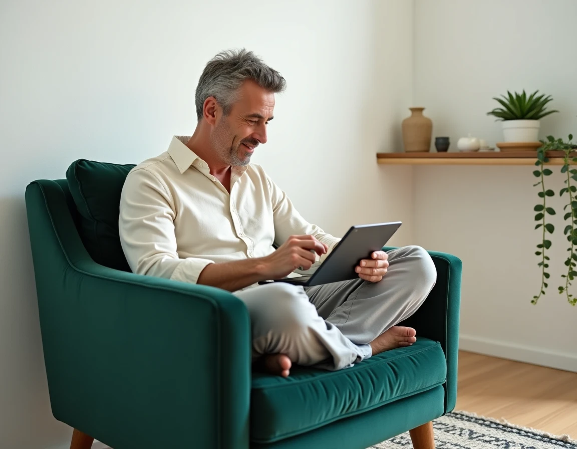 Personne assise sur un fauteuil velours vert dans un coin bureau minimaliste avec décoration Sklum