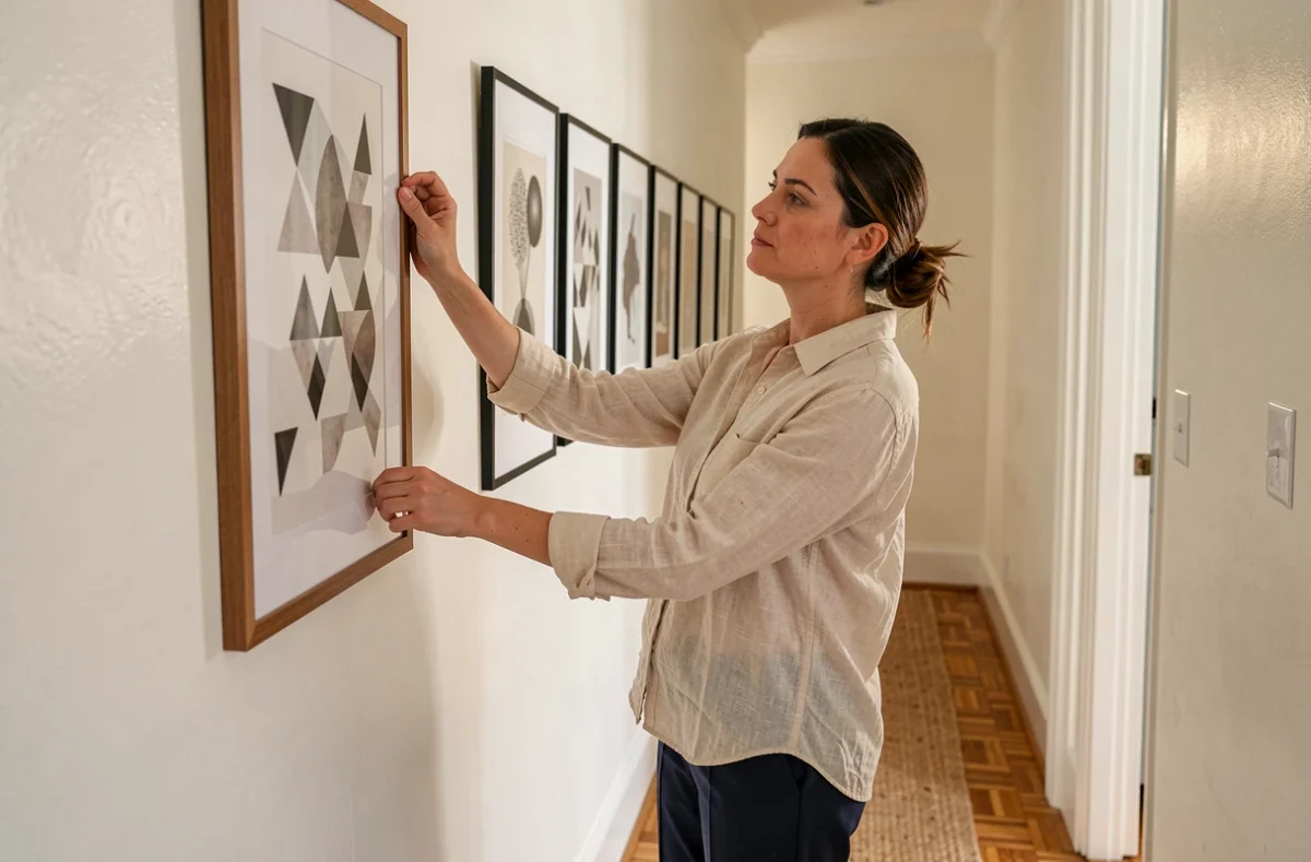 Femme accrochant un cadre dans un couloir étroit aménagé en galerie d'art avec sol en parquet