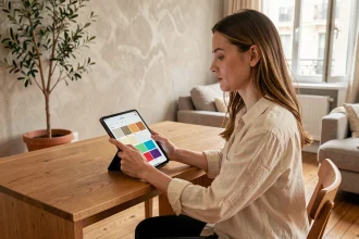 Femme utilisant l'application déco Raffinement-et-habitat.fr sur tablette pour harmoniser couleurs et matières dans un appartement parisien