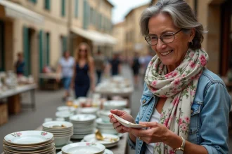 Femme en veste en jean et foulard floral inspectant une vaisselle ancienne