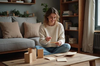 Jeune femme souriante arrangeant calendrier avent maison