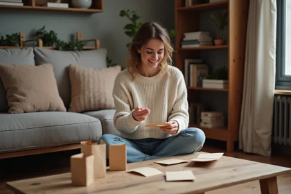 Jeune femme souriante arrangeant calendrier avent maison