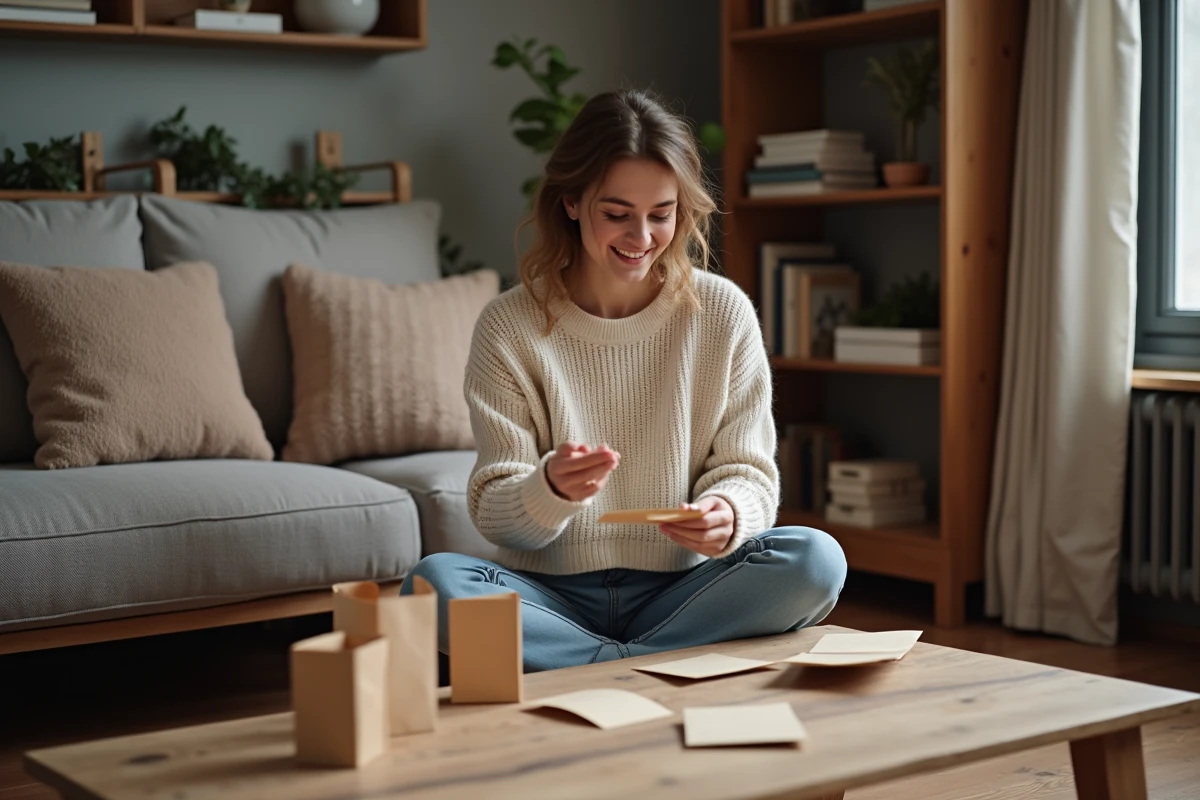 Jeune femme souriante arrangeant calendrier avent maison