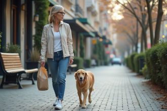 Femme avec chien ramasse dans la ville responsable