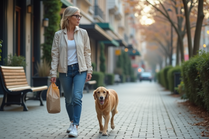 Femme avec chien ramasse dans la ville responsable