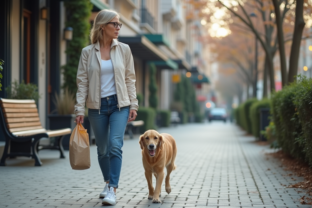 Femme avec chien ramasse dans la ville responsable