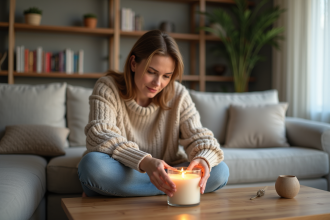 Femme en sweater beige change une bougie dans un salon moderne
