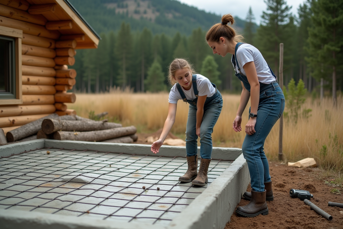 Jeune femme pointant une fondation en béton avec rebar