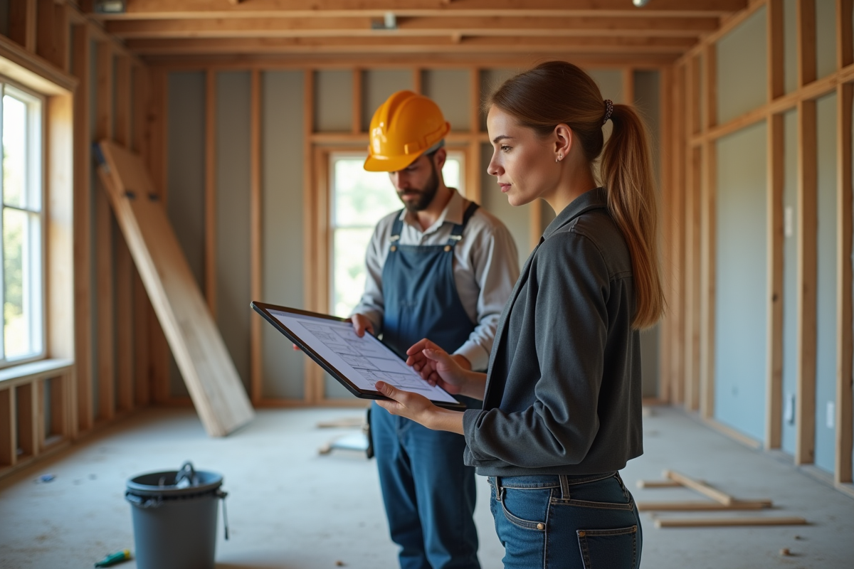 Jeune femme consulte un plan numérique avec un ouvrier sur un chantier