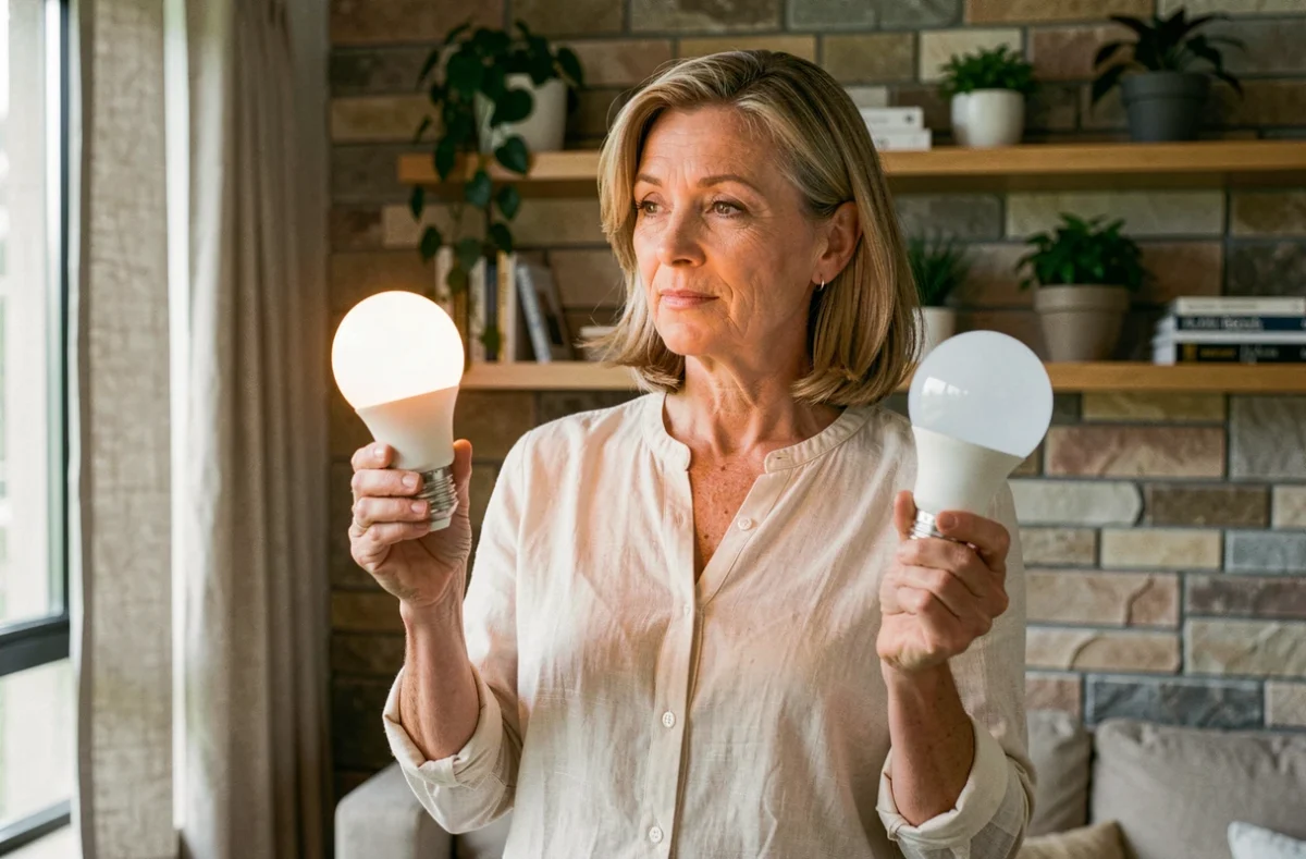 Femme comparant deux ampoules LED blanc chaud et blanc froid dans son salon moderne