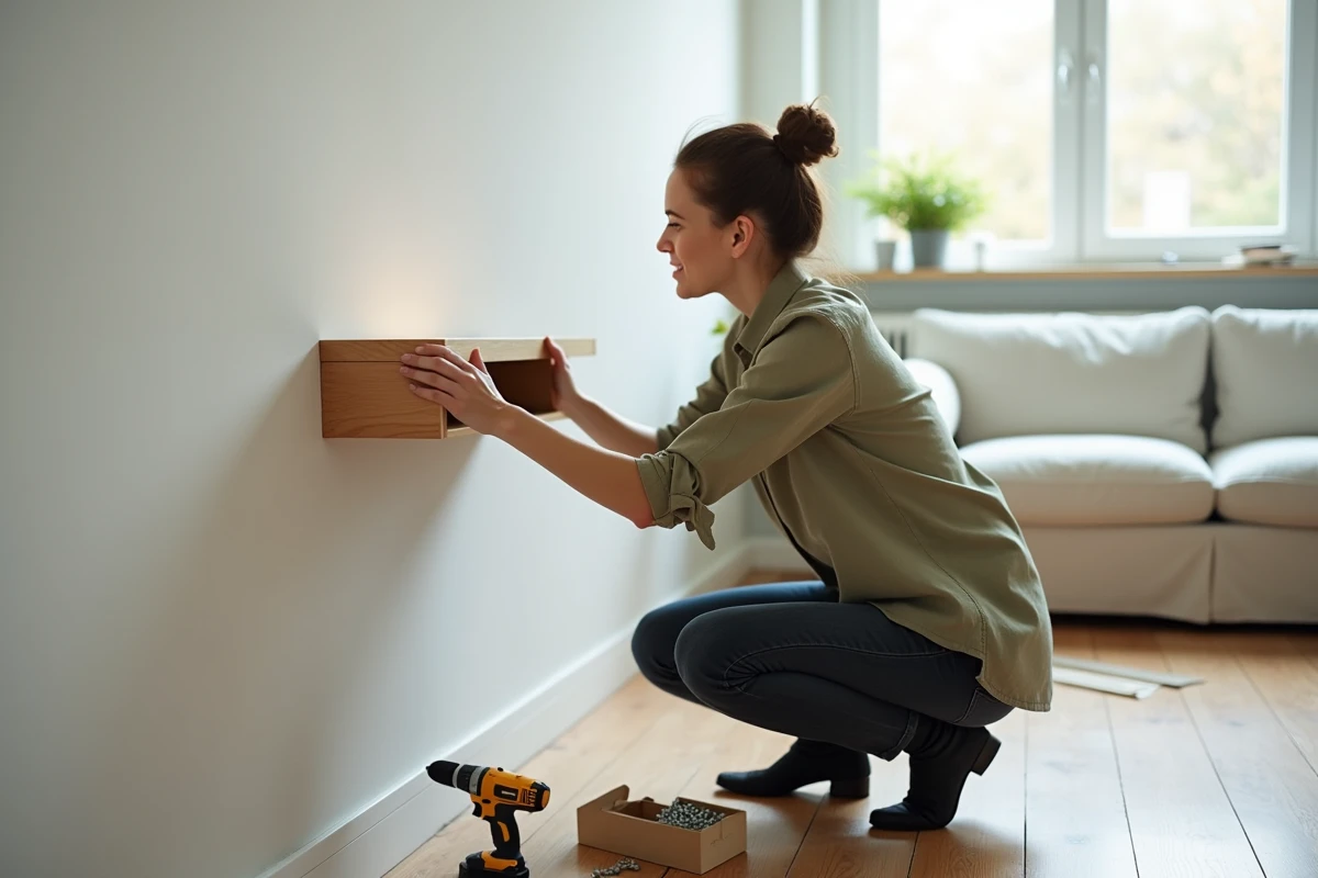 Femme tenant une étagère contre un mur en placo dans un appartement moderne, hésitant entre la colle Ni Vis Ni Clou et des vis avec une perceuse posée à côté