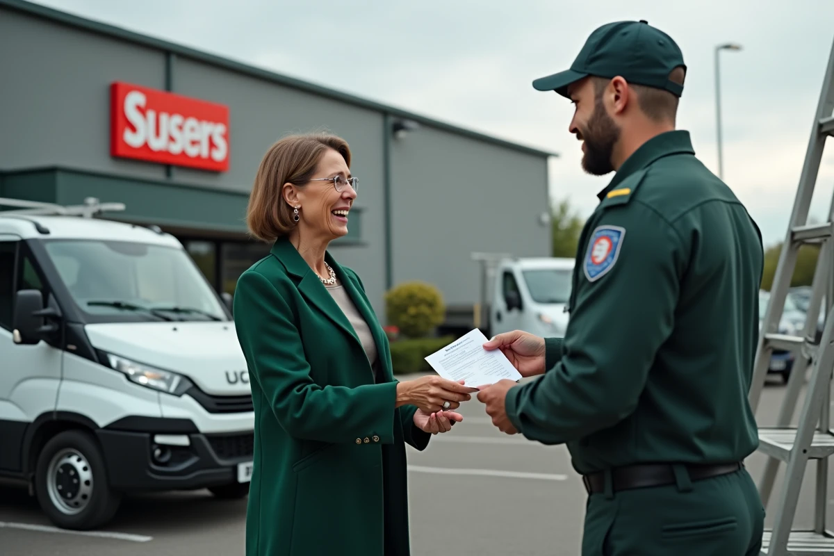 Femme remise des cl&eacute;s &agrave; un employ&eacute; devant un van utilitaire