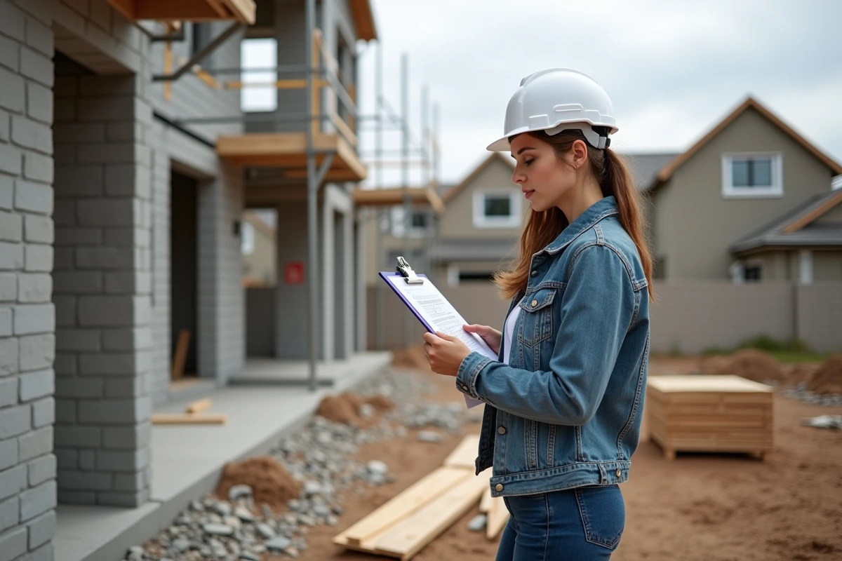 Jeune femme vérifie un descriptif technique sur un chantier en extérieur