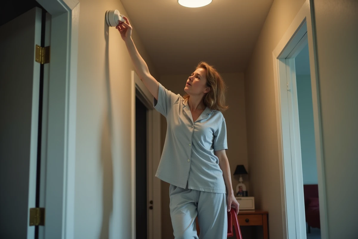 Femme en pyjama qui appuie sur le bouton d'un détecteur de fumée au plafond la nuit