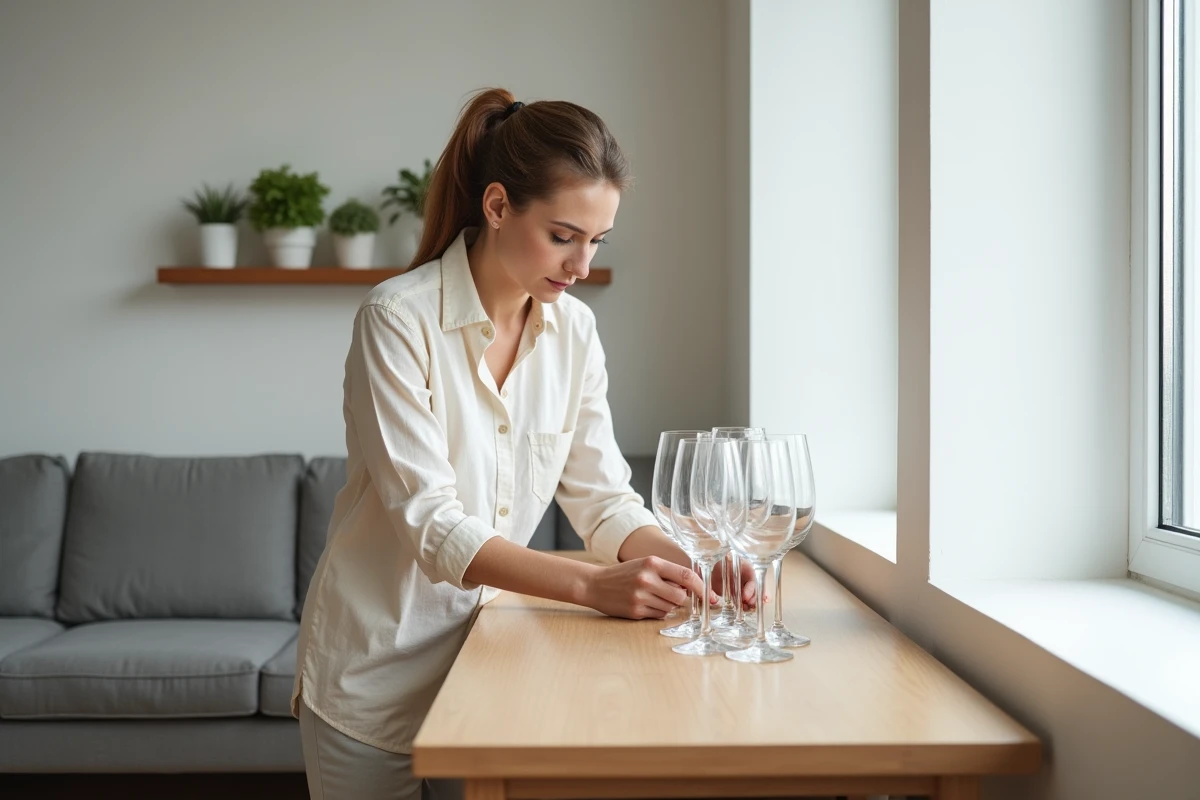 Femme disposant des verres à pied en rangées décalées sur un buffet étroit pour optimiser l'espace à table