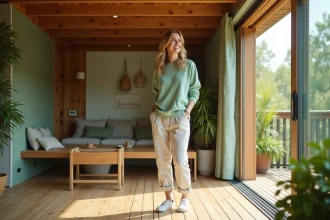 Jeune femme souriante dans une maison écologique moderne