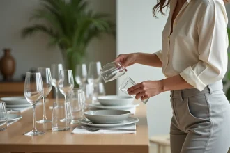 Femme élégante arrangeant des verres en cristal dans une salle à manger moderne