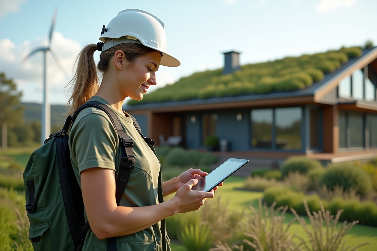 Jeune femme utilisant une tablette devant une maison verte et panneaux solaires