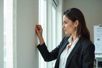 Femme analysant un panneau de fibrecouture en showroom