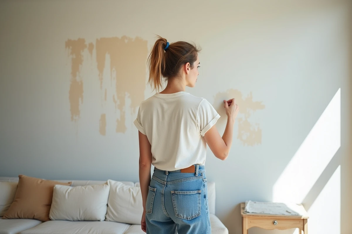 Femme examinant les traces de lessivage mal rincé sur un mur avant l'application de peinture