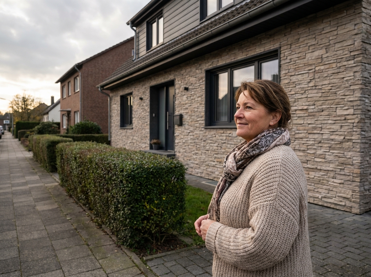 Femme observant la fa&ccedil;ade r&eacute;nov&eacute;e d