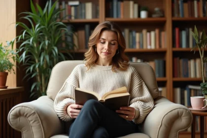 Femme de 40 ans lisant confortablement dans un fauteuil de lecture en lin beige dans une bibliothèque à domicile chaleureuse