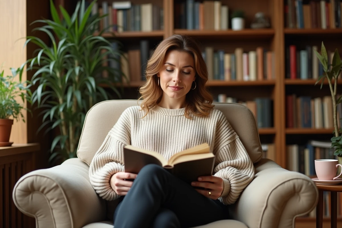 Femme de 40 ans lisant confortablement dans un fauteuil de lecture en lin beige dans une bibliothèque à domicile chaleureuse