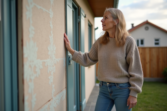 Femme examinant l'isolation extérieure de sa maison