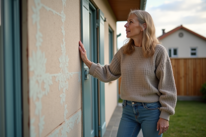 Femme examinant l'isolation extérieure de sa maison