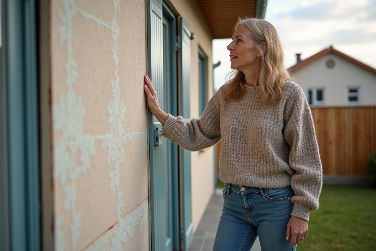 Femme examinant l'isolation extérieure de sa maison