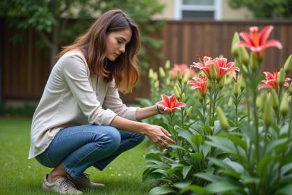 Femme examine des lys en jardin en été