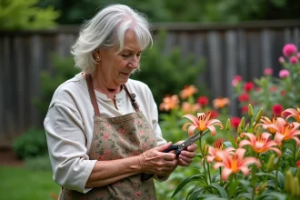 Femme en tablier de jardinage taillant des lys fanés