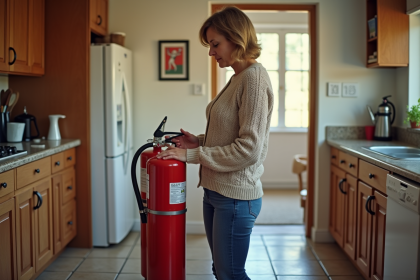 Femme dans la cuisine examine deux extincteurs de feu