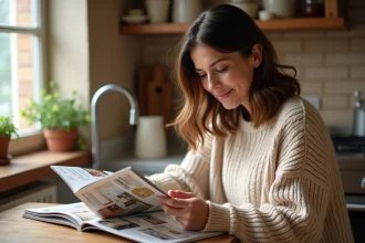 Femme lisant un magazine de décoration maison à table dans une cuisine chaleureuse et rustique