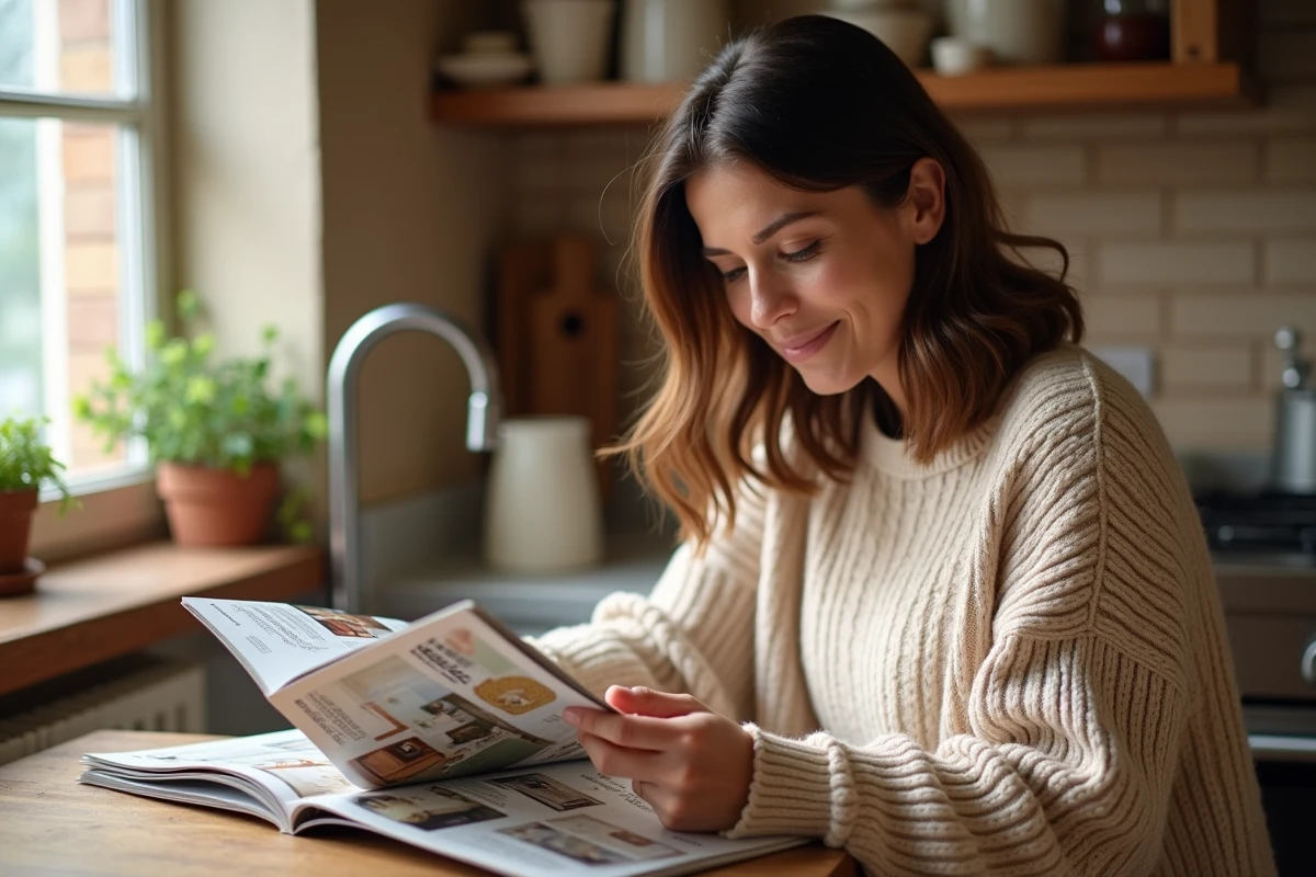 Femme lisant un magazine de décoration maison à table dans une cuisine chaleureuse et rustique