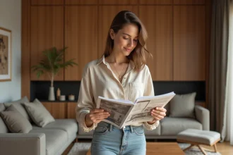 Jeune femme en salon moderne lisant un magazine d'architecture