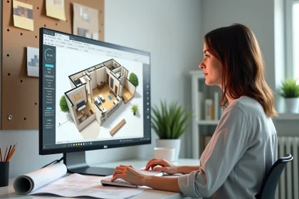 Femme utilisant un logiciel de plan de maison 3D sur ordinateur pour repenser son projet architectural après Kozikaza