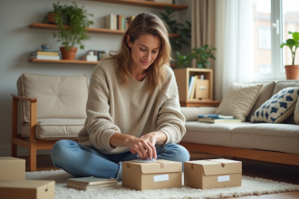 Femme organisée dans un salon lumineux et moderne