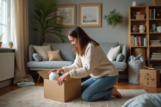 Femme en jeans et pull organise des objets dans un salon