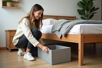 Femme arrangeant des boîtes de rangement sous un lit moderne