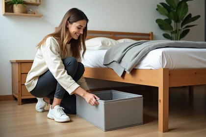 Femme arrangeant des boîtes de rangement sous un lit moderne