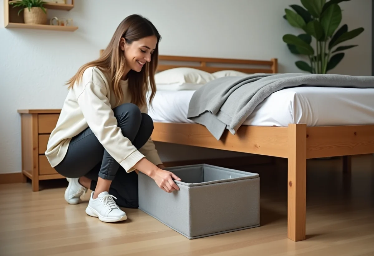 Femme arrangeant des boîtes de rangement sous un lit moderne