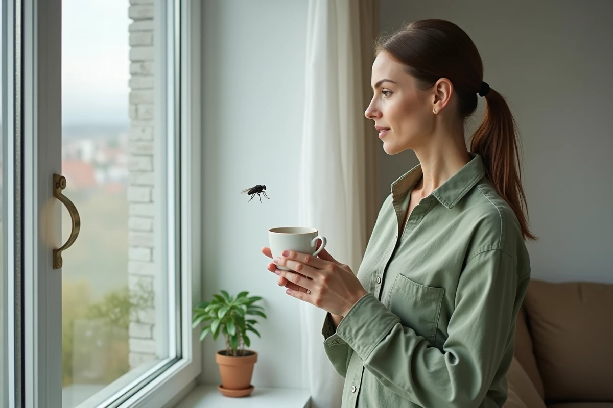 Femme pensive regardant une mouche près d'une fenêtre ouverte dans un appartement moderne, atmosphère introspective