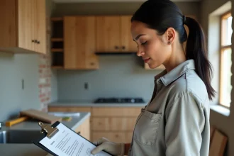 Femme examinant un plan de rénovation dans une cuisine en cours de travaux, avant transformation complète